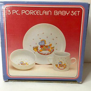 Retro 90s 3 Piece Japan Porcelain Baby Place Setting Set Quilted Rocking Horse